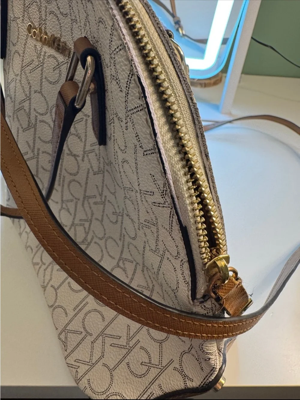 Calvin Klein Cream Logo Dome Satchel with Brown Handles